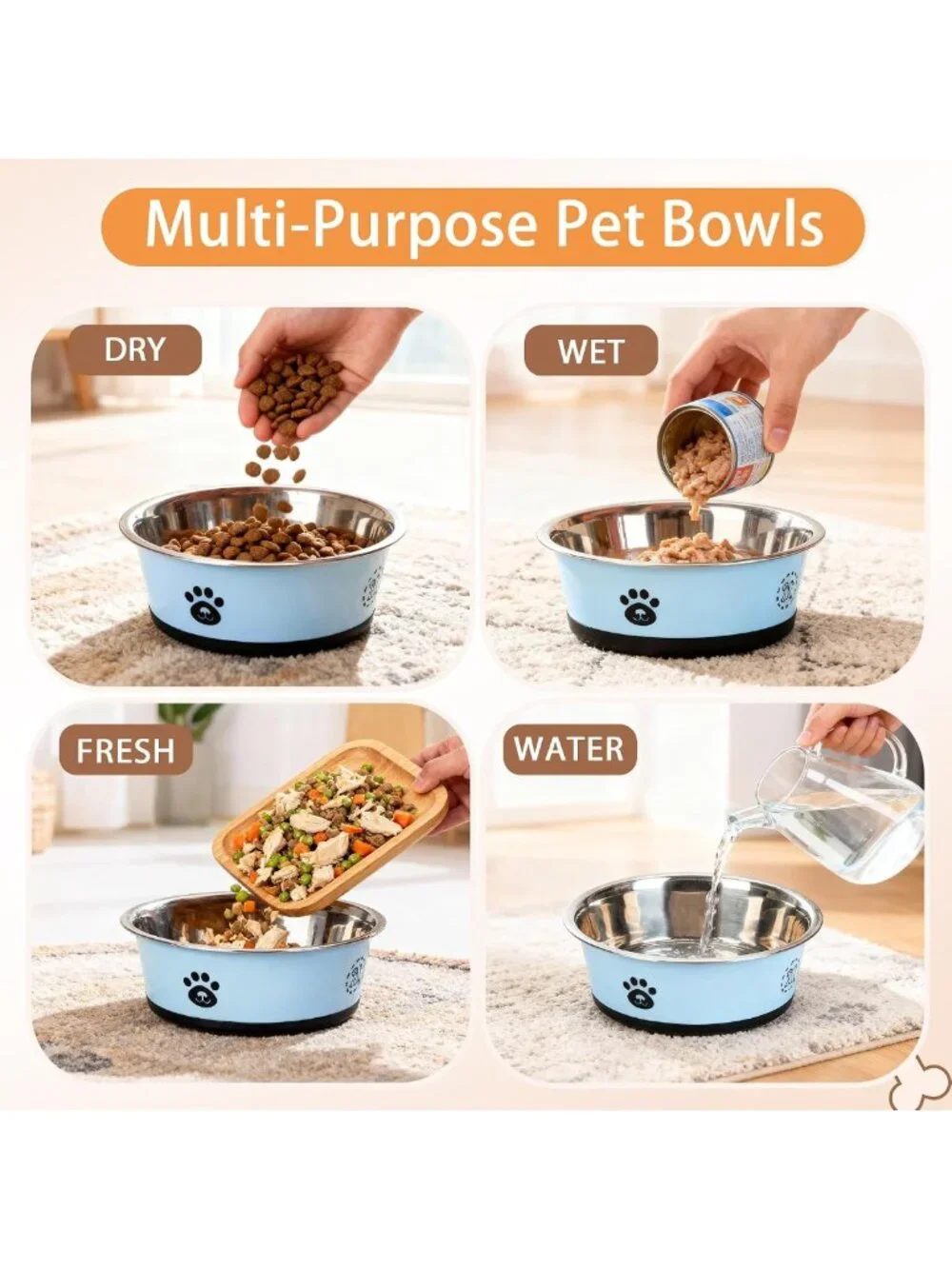 Set of 2 Stainless Steel Dog Bowls - 6 Cup Non-Slip, Rust Resistant Pet Feeders